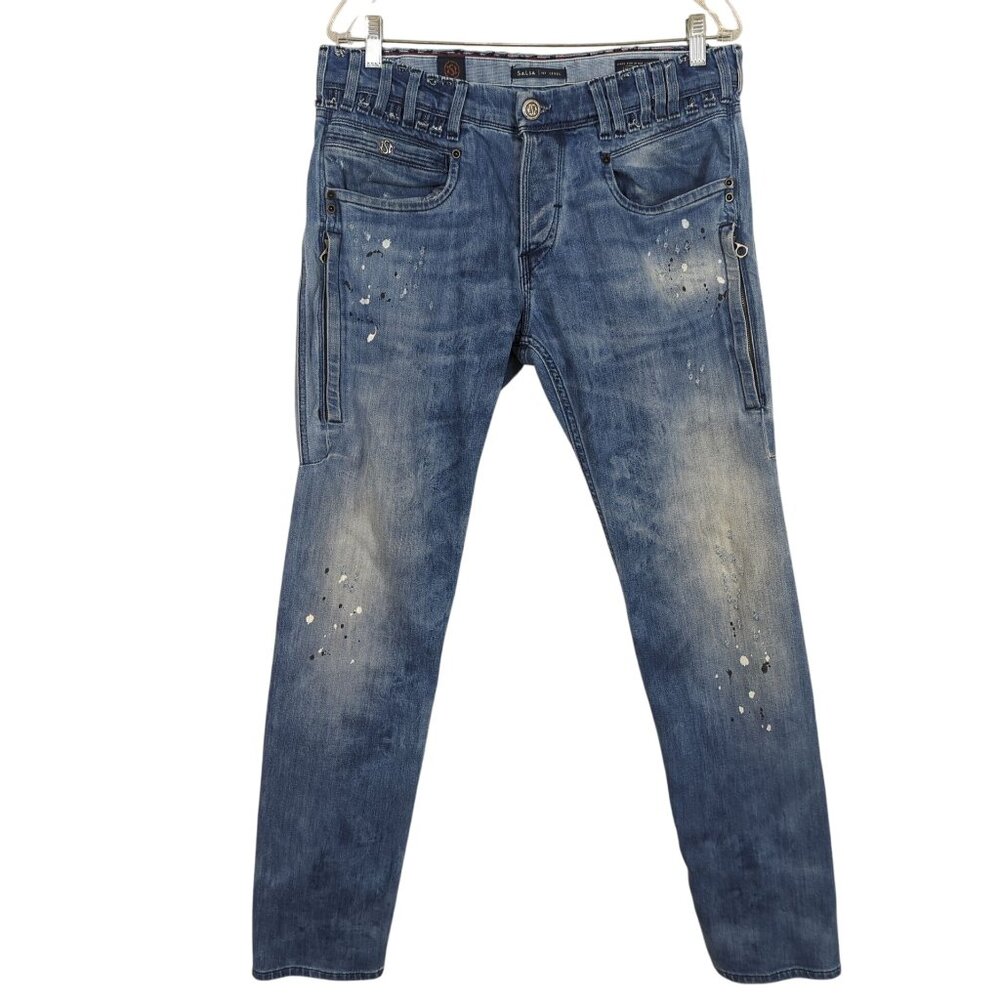 Salsa Jeans Men’s W33 L32 Blue Distressed Paint Splatter Slim Fit Button Fly